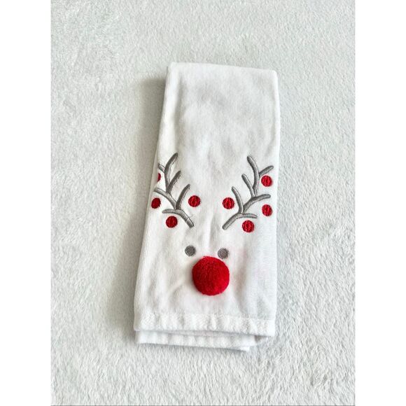 Casaba - Christmas red and white reindeer pom-pom decorative bathroom hand towel - Picture 2 of 4